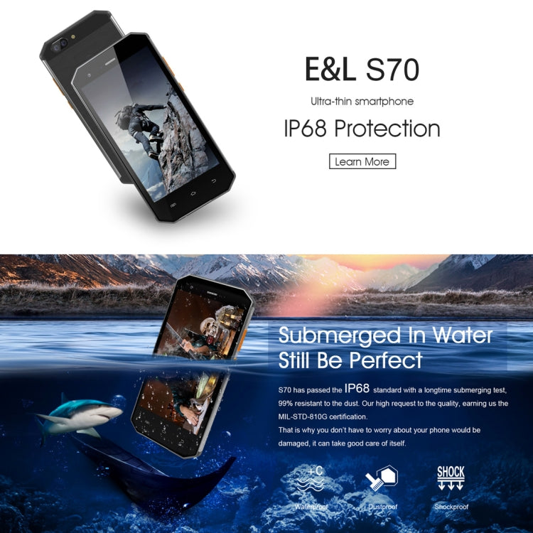 [HK Warehouse] E&L S70, 4GB+64GB, Dual Back Cameras, IP68 Waterproof Shockproof Dustproof, Fingerprint Identification, 5.0 inch Android 7.0 MTK6757 Octa Core up to 2.5GHz, Network: 4G, MIL-STD-810G Certification(Black)