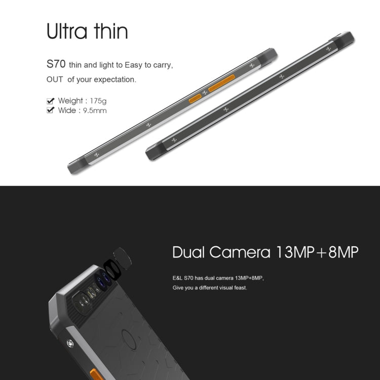 [HK Warehouse] E&L S70, 4GB+64GB, Dual Back Cameras, IP68 Waterproof Shockproof Dustproof, Fingerprint Identification, 5.0 inch Android 7.0 MTK6757 Octa Core up to 2.5GHz, Network: 4G, MIL-STD-810G Certification(Black)