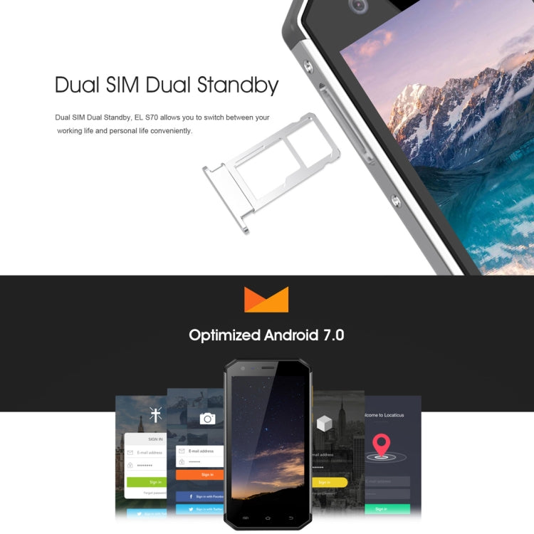 [HK Warehouse] E&L S70, 4GB+64GB, Dual Back Cameras, IP68 Waterproof Shockproof Dustproof, Fingerprint Identification, 5.0 inch Android 7.0 MTK6757 Octa Core up to 2.5GHz, Network: 4G, MIL-STD-810G Certification(Black)