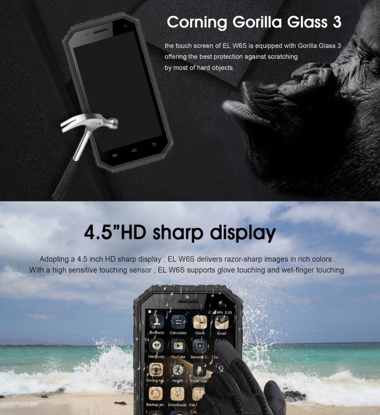 E&L Proofing W6S, 1GB+8GB, IP68 Waterproof Shockproof Dustproof, 4.5 inch Android 6.0 SC7731 Quad Core up to 1.2GHz, Network: 4G, MIL-STD-810G Certified