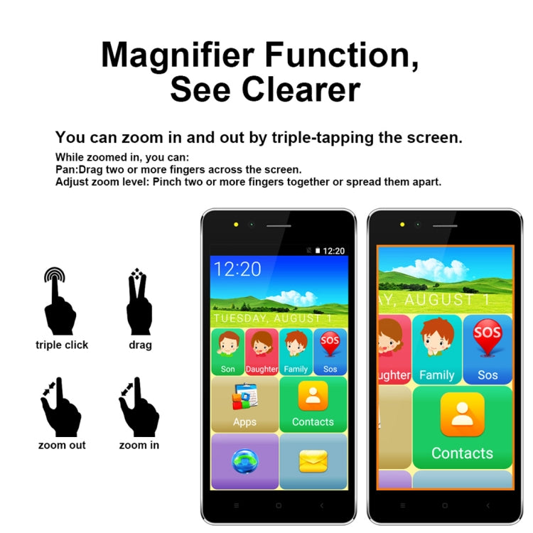 [HK Warehouse] VKworld F1 Elder  Smart Phone, 1GB+8GB, Bigger Icons, Louder Speaker, 4.5 inch MTK6580M Quad Core up to 1.1GHz, SOS, Magnifier, FM, OTA, Network: 3G, Dual SIM
