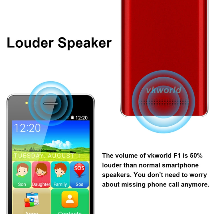 [HK Warehouse] VKworld F1 Elder  Smart Phone, 1GB+8GB, Bigger Icons, Louder Speaker, 4.5 inch MTK6580M Quad Core up to 1.1GHz, SOS, Magnifier, FM, OTA, Network: 3G, Dual SIM