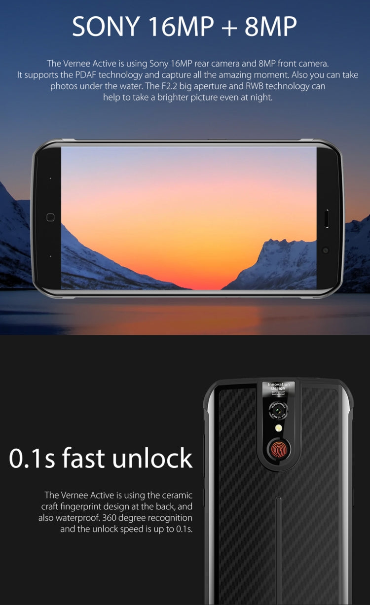[HK Warehouse] Vernee Active, 6GB+128GB, IP68 Waterproof Dustproof, Fingerprint Identification, 5.5 inch Android 7.0 MTK6757 (Helio P25) Octa Core up to 2.39GHz, Network: 4G, OTG, NFC(Black)