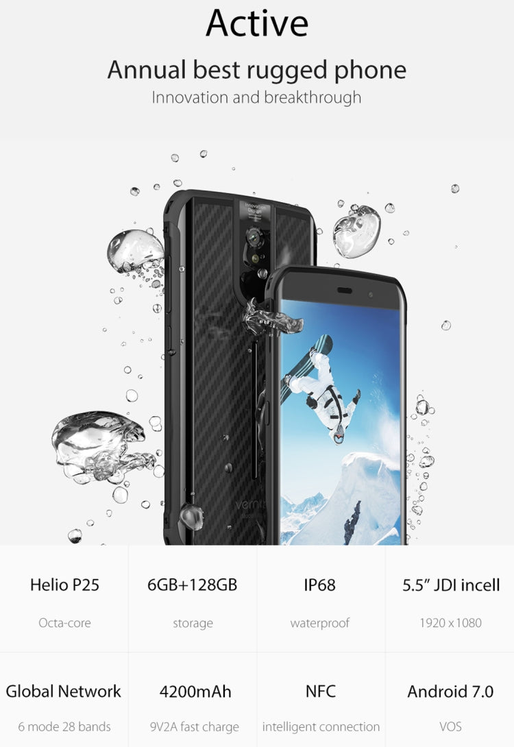 [HK Warehouse] Vernee Active, 6GB+128GB, IP68 Waterproof Dustproof, Fingerprint Identification, 5.5 inch Android 7.0 MTK6757 (Helio P25) Octa Core up to 2.39GHz, Network: 4G, OTG, NFC(Black)