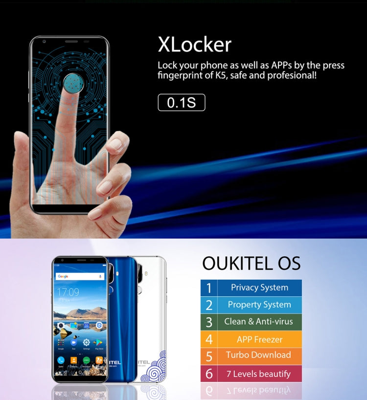 [HK Warehouse] OUKITEL K5, 2GB+16GB, Dual Back Cameras, Fingerprint Identification, 5.7 inch Android 7.0 MTK6737T Quad Core up to 1.5GHz, Network: 4G, Dual SIM(Blue)