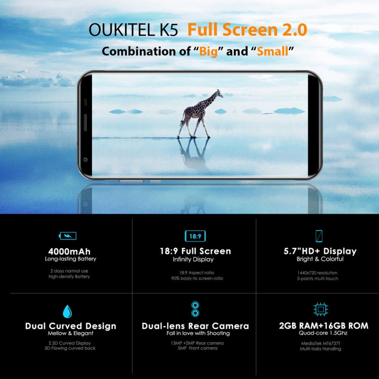 [HK Warehouse] OUKITEL K5, 2GB+16GB, Dual Back Cameras, Fingerprint Identification, 5.7 inch Android 7.0 MTK6737T Quad Core up to 1.5GHz, Network: 4G, Dual SIM(Blue)