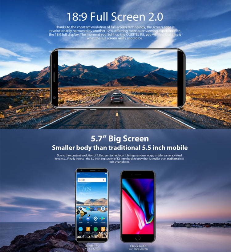 [HK Warehouse] OUKITEL K5, 2GB+16GB, Dual Back Cameras, Fingerprint Identification, 5.7 inch Android 7.0 MTK6737T Quad Core up to 1.5GHz, Network: 4G, Dual SIM(Blue)