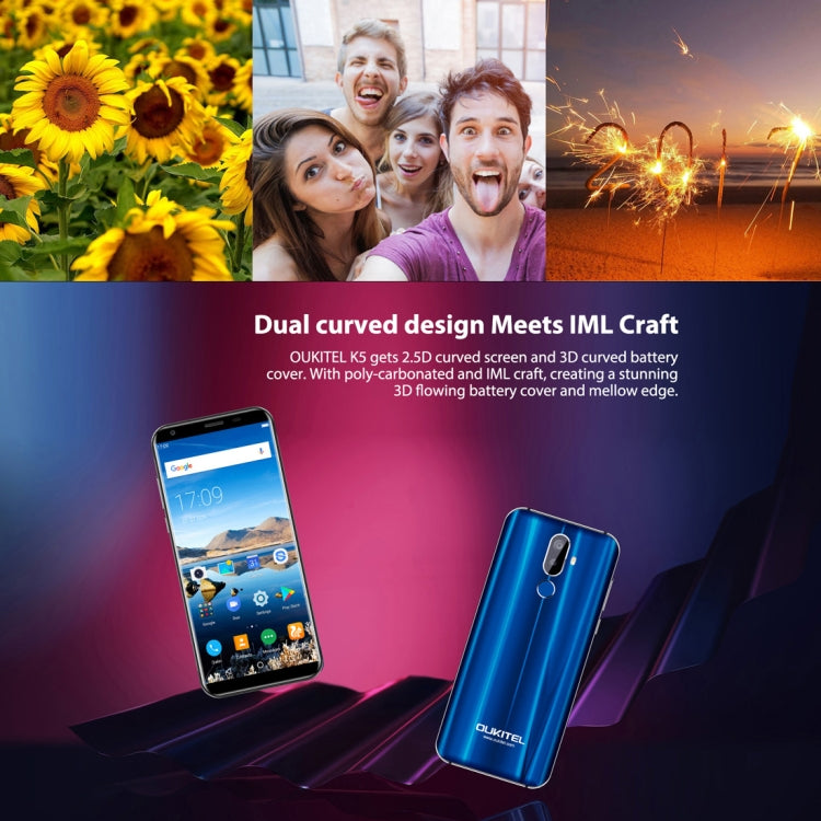 [HK Warehouse] OUKITEL K5, 2GB+16GB, Dual Back Cameras, Fingerprint Identification, 5.7 inch Android 7.0 MTK6737T Quad Core up to 1.5GHz, Network: 4G, Dual SIM(Blue)