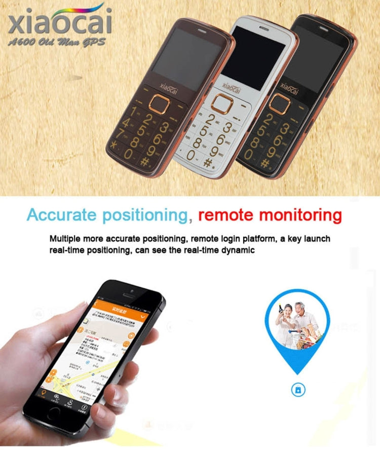 Xiaocai A600 Elders Mobile Phone, 2.31 inch, Network: 2G, Dual SIM, Support FM / BT / GPS Positioning / Remote Monitor / SOS / Pedometer / Torch(White)