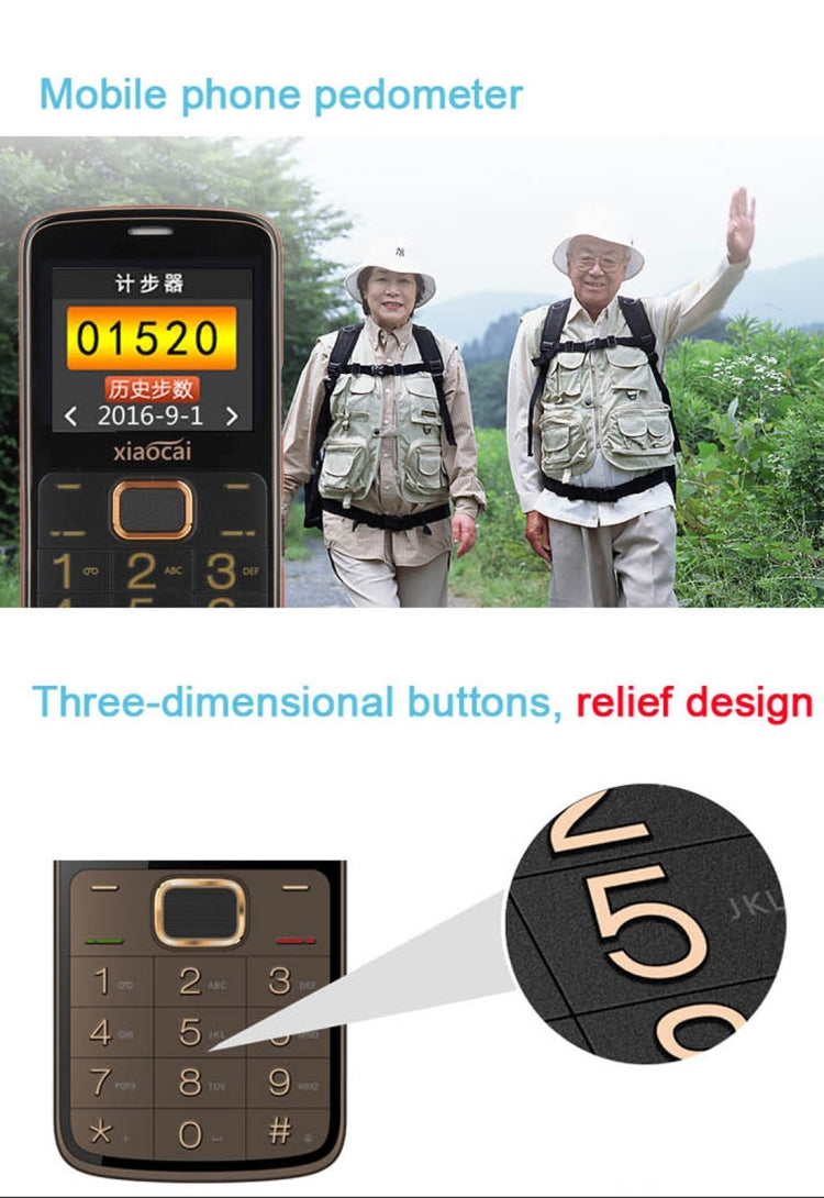 Xiaocai A600 Elders Mobile Phone, 2.31 inch, Network: 2G, Dual SIM, Support FM / BT / GPS Positioning / Remote Monitor / SOS / Pedometer / Torch(White)