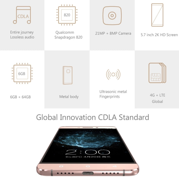 Letv Le Max 2 X820, 6GB+64GB, 21.0MP Rear Camera, Fingerprint Identification, 5.7 inch EUI 5.8 (Android 6.0) Qualcomm Snapdragon 820 Quad Core up to 2.15GHz, Network: 4G(Gold)
