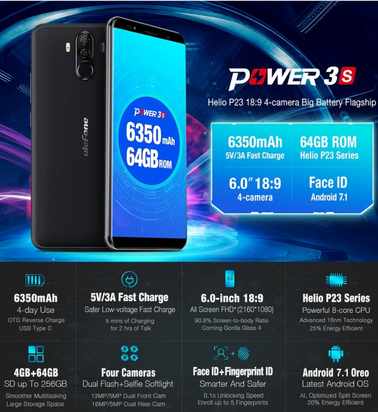 [HK Warehouse] Ulefone Power 3s,  4GB+64GB, Dual Back Cameras + Dual Front Cameras, 6350mah Big Battery, Face & Fingerprint Identification, 6.0 inch Android 7.1 MTK6763 Octa-core up to 2.0GHz, Network: 4G,  OTG,  Dual SIM