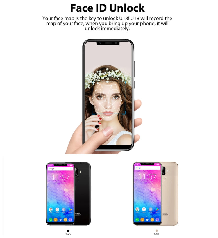 [HK Warehouse] OUKITEL U18, 4GB+64GB, Dual Back Cameras, Face & Fingerprint Identification, 5.85 inch Android 7.0 MTK6750T Octa Core up to 1.5GHz, Network: 4G, Dual SIM