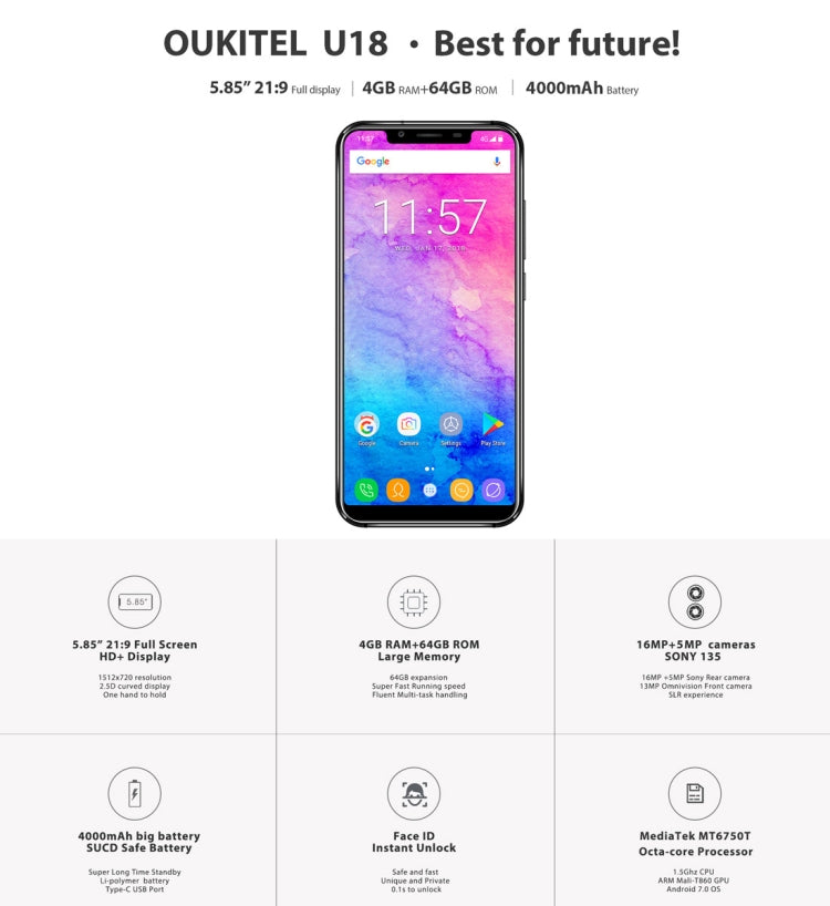 [HK Warehouse] OUKITEL U18, 4GB+64GB, Dual Back Cameras, Face & Fingerprint Identification, 5.85 inch Android 7.0 MTK6750T Octa Core up to 1.5GHz, Network: 4G, Dual SIM