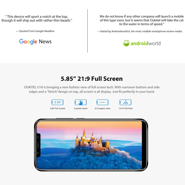 [HK Warehouse] OUKITEL U18, 4GB+64GB, Dual Back Cameras, Face & Fingerprint Identification, 5.85 inch Android 7.0 MTK6750T Octa Core up to 1.5GHz, Network: 4G, Dual SIM