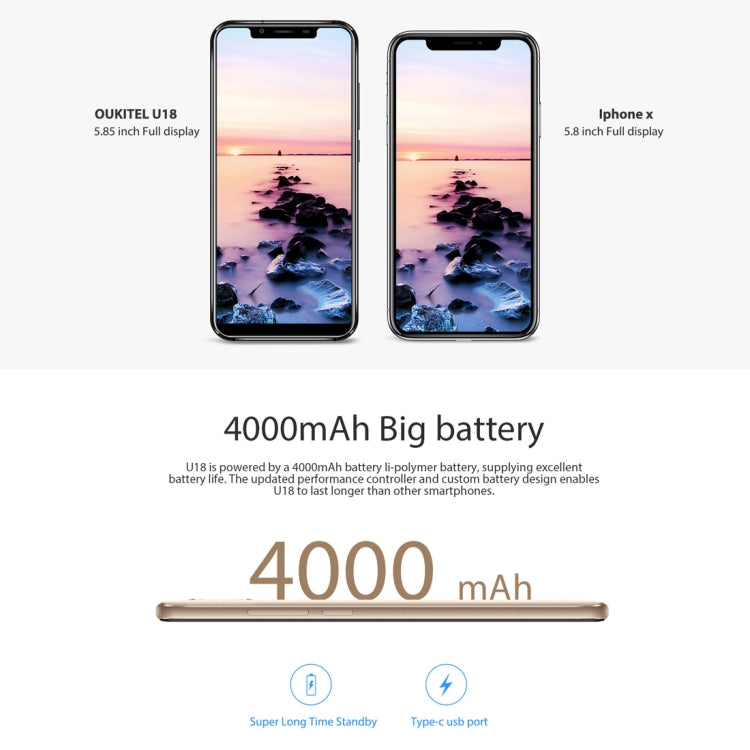 [HK Warehouse] OUKITEL U18, 4GB+64GB, Dual Back Cameras, Face & Fingerprint Identification, 5.85 inch Android 7.0 MTK6750T Octa Core up to 1.5GHz, Network: 4G, Dual SIM
