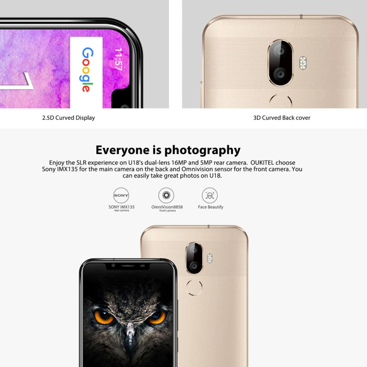 [HK Warehouse] OUKITEL U18, 4GB+64GB, Dual Back Cameras, Face & Fingerprint Identification, 5.85 inch Android 7.0 MTK6750T Octa Core up to 1.5GHz, Network: 4G, Dual SIM