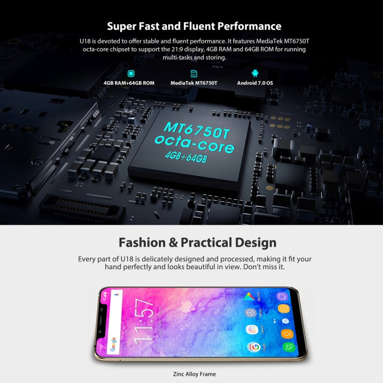 [HK Warehouse] OUKITEL U18, 4GB+64GB, Dual Back Cameras, Face & Fingerprint Identification, 5.85 inch Android 7.0 MTK6750T Octa Core up to 1.5GHz, Network: 4G, Dual SIM