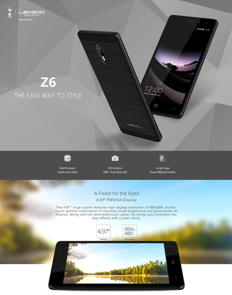 [HK Warehouse] LEAGOO Z6, 1GB+ 8GB, 4.97 inch  Android 6.0 MTK6580M Quad Core up to 1.3GHz, Network: 3G, Dual SIM