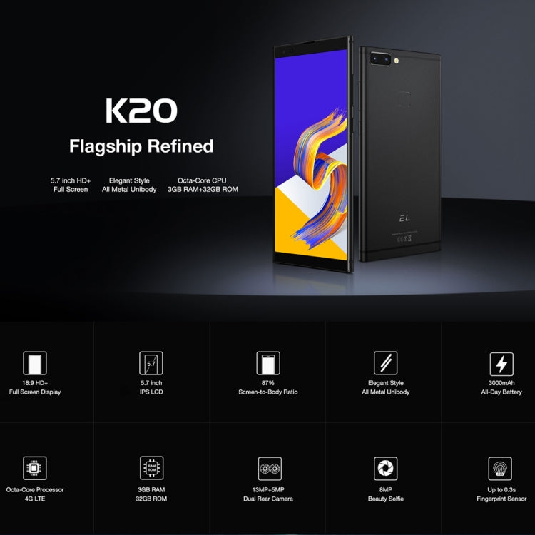 [HK Warehouse] KXD EL K20, 3GB+32GB, Dual Back Cameras, Face & Fingerprint Identification, 5.7 inch Android 8.1 MTK6750 Octa Core up to 1.5GHz, Network: 4G, Dual SIM