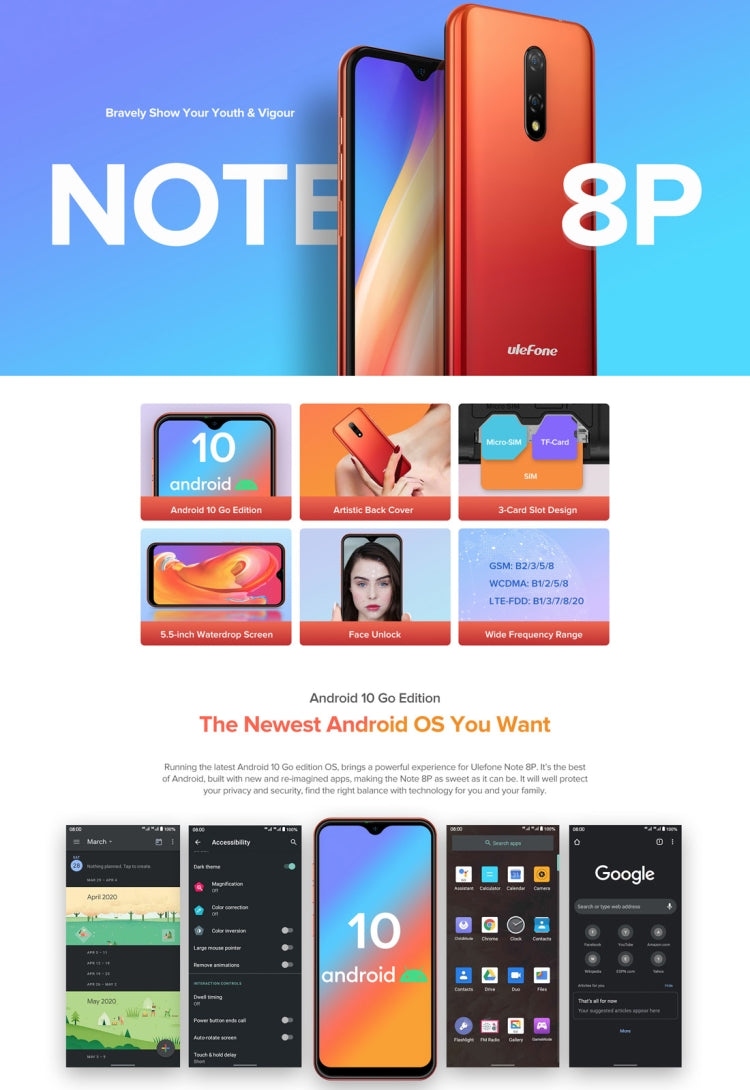 [HK Warehouse] Ulefone Note 8P, 2GB+16GB, Dual Rear Cameras, Face ID Identification, 5.5 inch Android 10.0 MKT6737VW Quad-core up to 1.3GHz, Network: 4G, Dual SIM(Sunset Red)