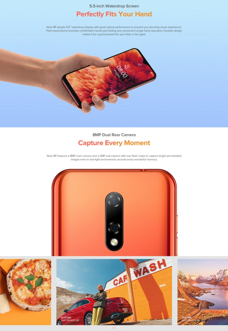 [HK Warehouse] Ulefone Note 8P, 2GB+16GB, Dual Rear Cameras, Face ID Identification, 5.5 inch Android 10.0 MKT6737VW Quad-core up to 1.3GHz, Network: 4G, Dual SIM(Sunset Red)