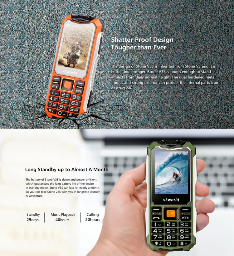 VKworld Stone V3S Quadruple Phone, Anti-Low Temperature Daily Waterproof Shockproof Dustproof, 2.4 inch, 21 Keys, Dual LED Light, FM , BT, Dual SIM, Network: 2G, Russian Keyboard