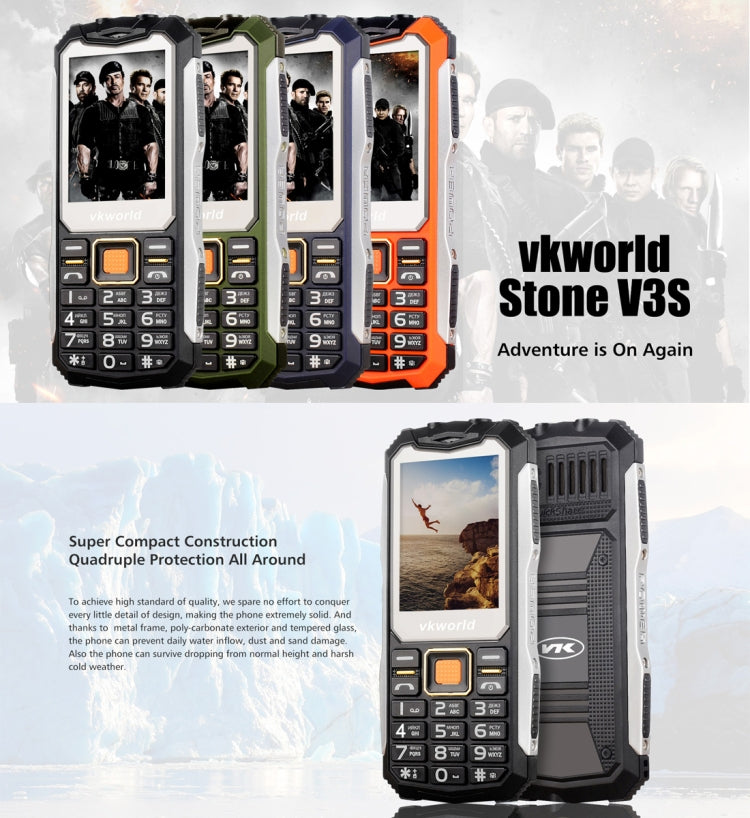 VKworld Stone V3S Quadruple Phone, Anti-Low Temperature Daily Waterproof Shockproof Dustproof, 2.4 inch, 21 Keys, Dual LED Light, FM , BT, Dual SIM, Network: 2G, Russian Keyboard
