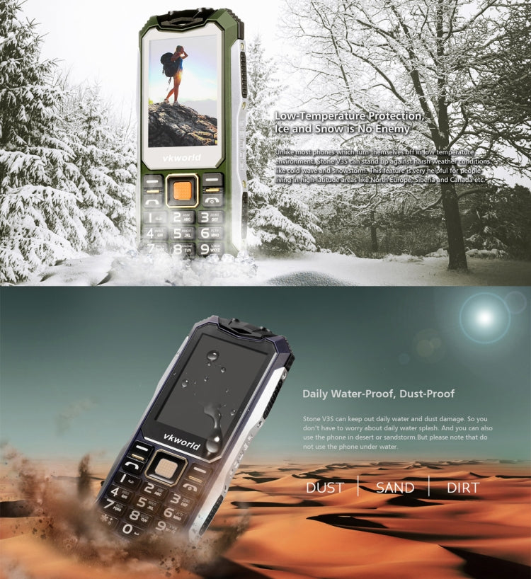 VKworld Stone V3S Quadruple Phone, Anti-Low Temperature Daily Waterproof Shockproof Dustproof, 2.4 inch, 21 Keys, Dual LED Light, FM , BT, Dual SIM, Network: 2G, Russian Keyboard