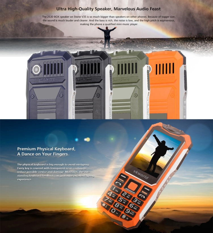 VKworld Stone V3S Quadruple Phone, Anti-Low Temperature Daily Waterproof Shockproof Dustproof, 2.4 inch, 21 Keys, Dual LED Light, FM , BT, Dual SIM, Network: 2G, Russian Keyboard