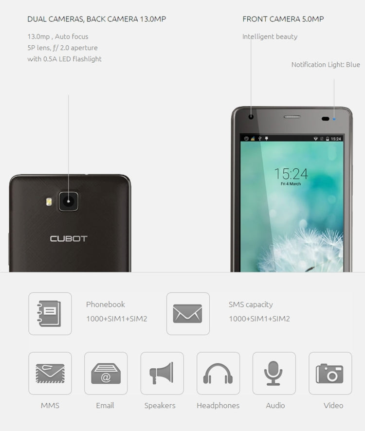 [HK Warehouse] CUBOT Echo, 2GB+16GB, 5.0 inch Android 6.0 MTK6580 Quad-Core 1.3GHz, Network: 3G, Dual SIM