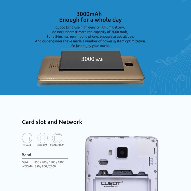 [HK Warehouse] CUBOT Echo, 2GB+16GB, 5.0 inch Android 6.0 MTK6580 Quad-Core 1.3GHz, Network: 3G, Dual SIM