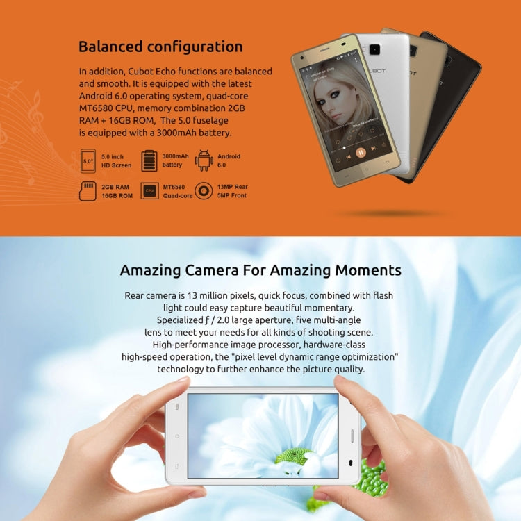 [HK Warehouse] CUBOT Echo, 2GB+16GB, 5.0 inch Android 6.0 MTK6580 Quad-Core 1.3GHz, Network: 3G, Dual SIM