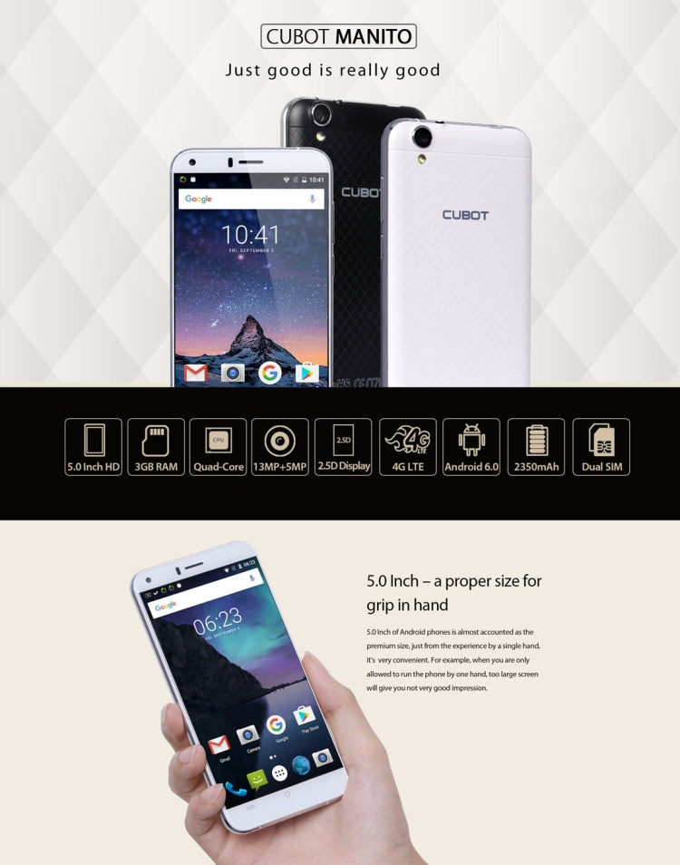 [HK Warehouse] CUBOT Manito, 3GB+16GB, 5.0 inch Android 6.0 MTK6737 Quad-Core 1.3GHz, Network: 4G, Dual SIM