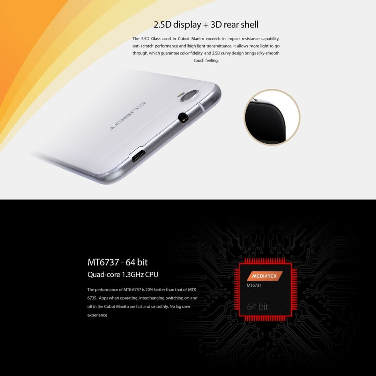 [HK Warehouse] CUBOT Manito, 3GB+16GB, 5.0 inch Android 6.0 MTK6737 Quad-Core 1.3GHz, Network: 4G, Dual SIM