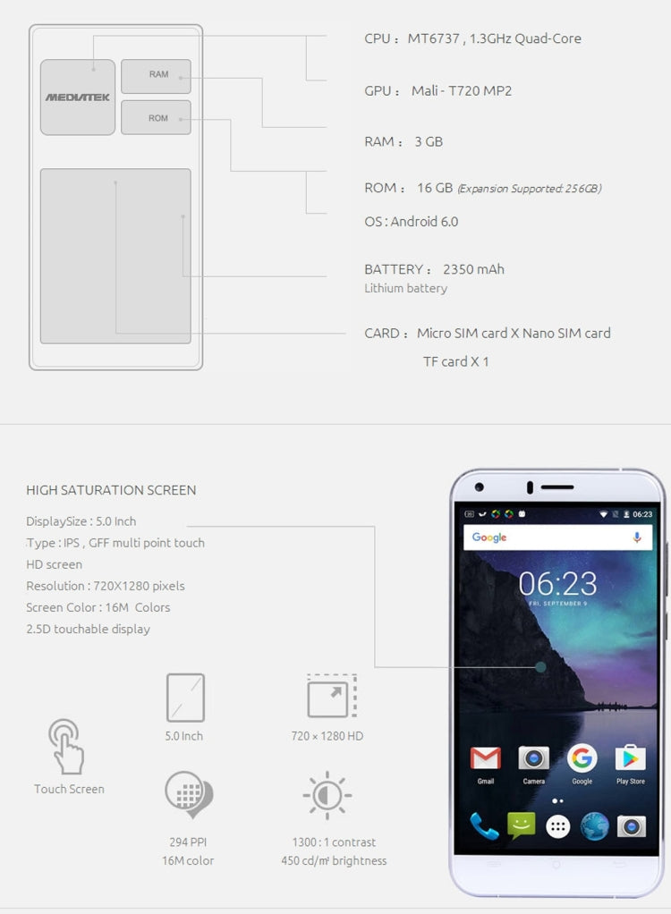 [HK Warehouse] CUBOT Manito, 3GB+16GB, 5.0 inch Android 6.0 MTK6737 Quad-Core 1.3GHz, Network: 4G, Dual SIM
