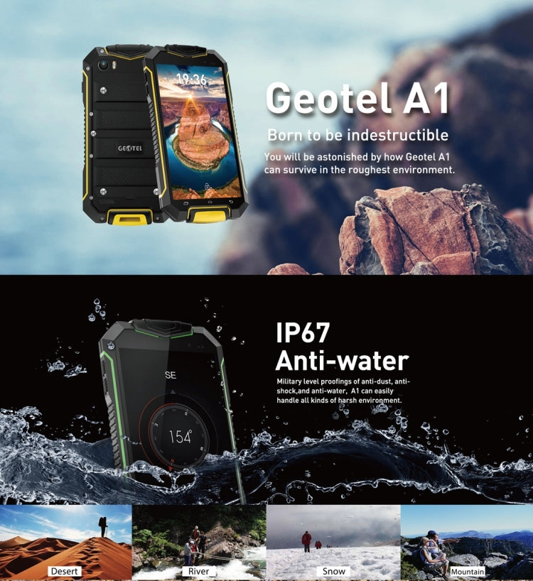 Geotel A1 Triple Proofing Phone, 1GB+8GB, Waterproof Dustproof Shockproof, 4.5 inch Android 7.0 MTK6580M Quad Core, Network: 3G, GPS, BT, WiFi, FM, Dual SIM