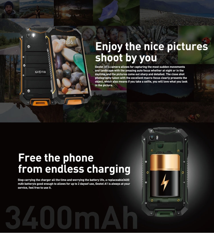 Geotel A1 Triple Proofing Phone, 1GB+8GB, Waterproof Dustproof Shockproof, 4.5 inch Android 7.0 MTK6580M Quad Core, Network: 3G, GPS, BT, WiFi, FM, Dual SIM