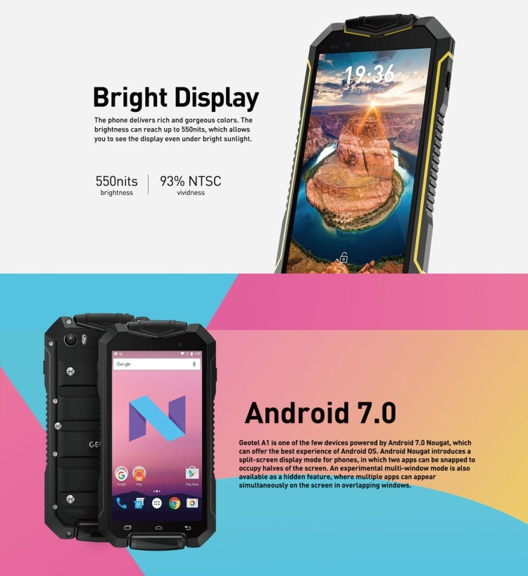 Geotel A1 Triple Proofing Phone, 1GB+8GB, Waterproof Dustproof Shockproof, 4.5 inch Android 7.0 MTK6580M Quad Core, Network: 3G, GPS, BT, WiFi, FM, Dual SIM