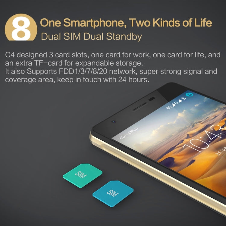 [HK Warehouse] OUKITEL C4, 1GB+8GB, 5.0 inch Android 6.0 MTK6737 Quad Core up to 1.3GHz, Network: 4G