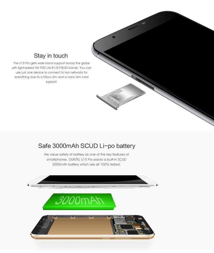 [HK Warehouse] OUKITEL U15 Pro, 3GB+32GB, Press Fingerprint Identification, 5.5 inch 2.5D Curved Sharp Screen Android 6.0 MTK6753 Octa Core up to 1.3GHz, Network: 4G