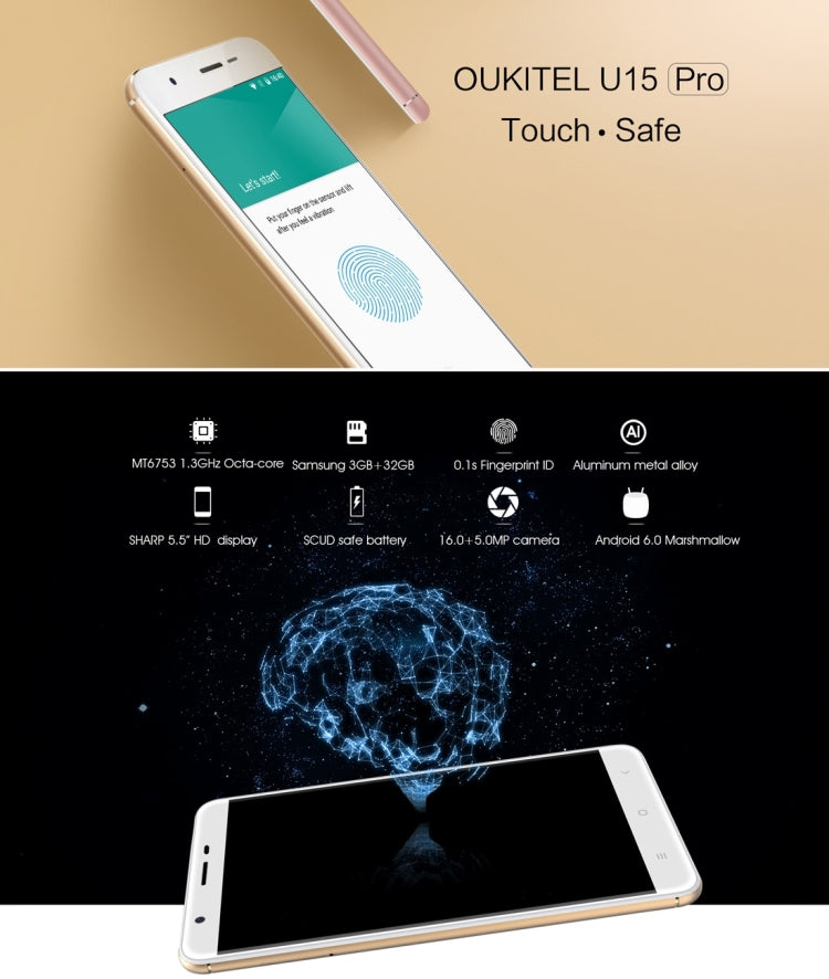 [HK Warehouse] OUKITEL U15 Pro, 3GB+32GB, Press Fingerprint Identification, 5.5 inch 2.5D Curved Sharp Screen Android 6.0 MTK6753 Octa Core up to 1.3GHz, Network: 4G