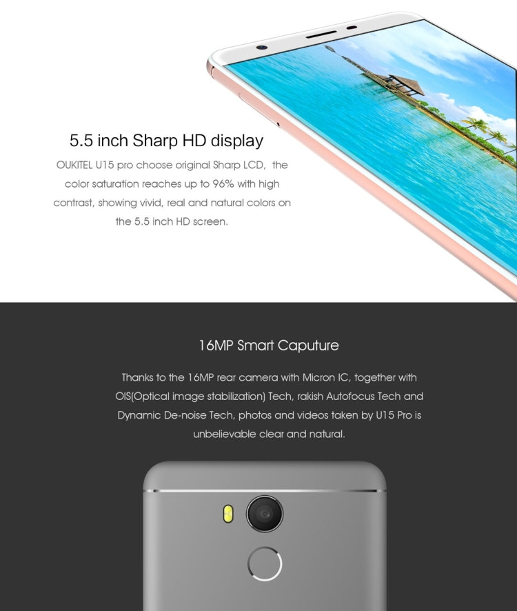 [HK Warehouse] OUKITEL U15 Pro, 3GB+32GB, Press Fingerprint Identification, 5.5 inch 2.5D Curved Sharp Screen Android 6.0 MTK6753 Octa Core up to 1.3GHz, Network: 4G