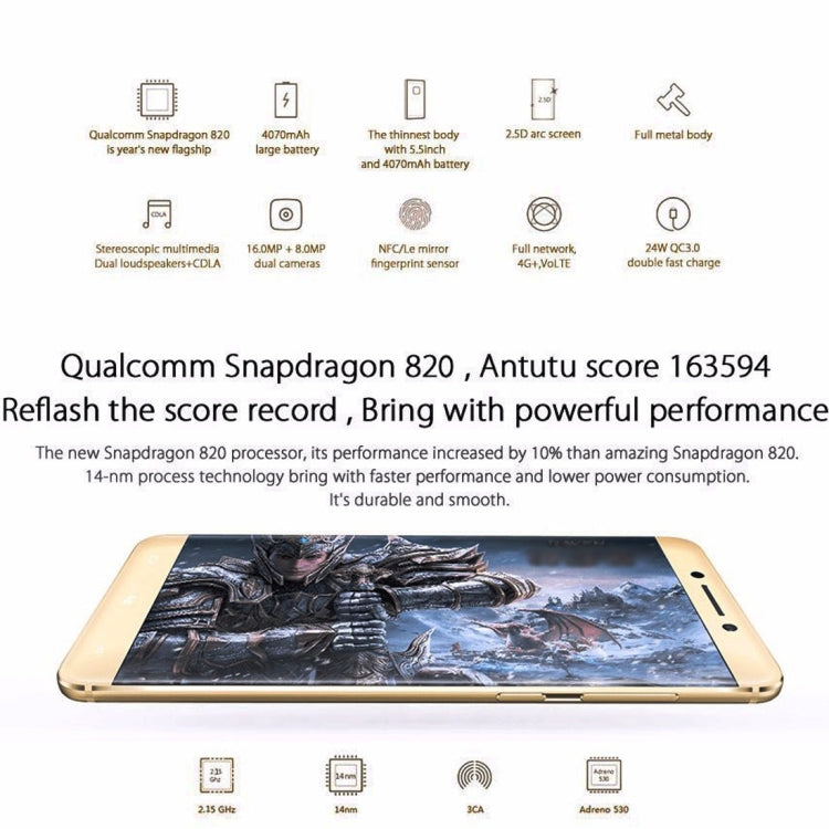Letv Le Pro 3 Elite Version, 4GB+32GB, Fingerprint Identification, 5.5 inch 2.5D Arc EUI 5.8 Qualcomm Snapdragon 820 Quad Core up to 2.15GHz, Network: 4G(Gold)
