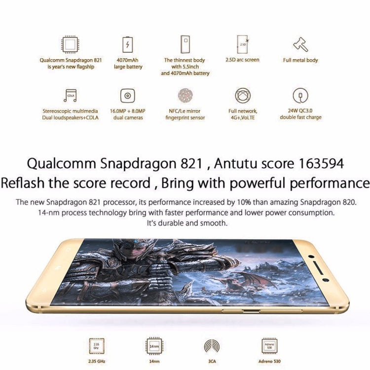 Letv Le Pro 3, 4GB+64GB, Fingerprint Identification, 5.5 inch 2.5D Arc EUI 5.8 Qualcomm Snapdragon 821 Quad Core up to 2.35GHz, Network: 4G, Zhang Yimou Edition(Gold)