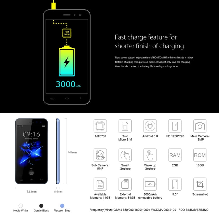 [HK Warehouse] HOMTOM HT16 Pro, 2GB+16GB, 5.0 inch Android 6.0 MTK6737 Quad Core up to 1.3GHz, Network: 4G, Dual SIM, OTA, WiFi, Bluetooth, GPS, FM, Hotknot