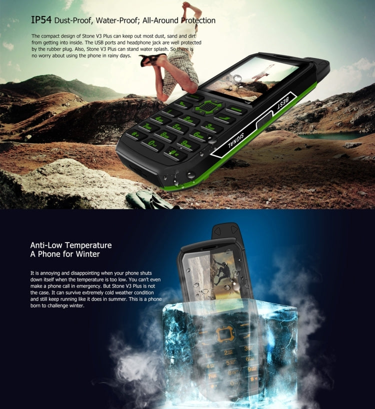VKworld Stone V3 Plus Quadruple Phone, Anti-Low Temperature IP54 Waterproof Shockproof Dustproof, 3000mAh Battery, 2.4 inch, 21 Keys, LED Flashlight, FM, BT, TF, Dual SIM, Russian Keyboard(Green)