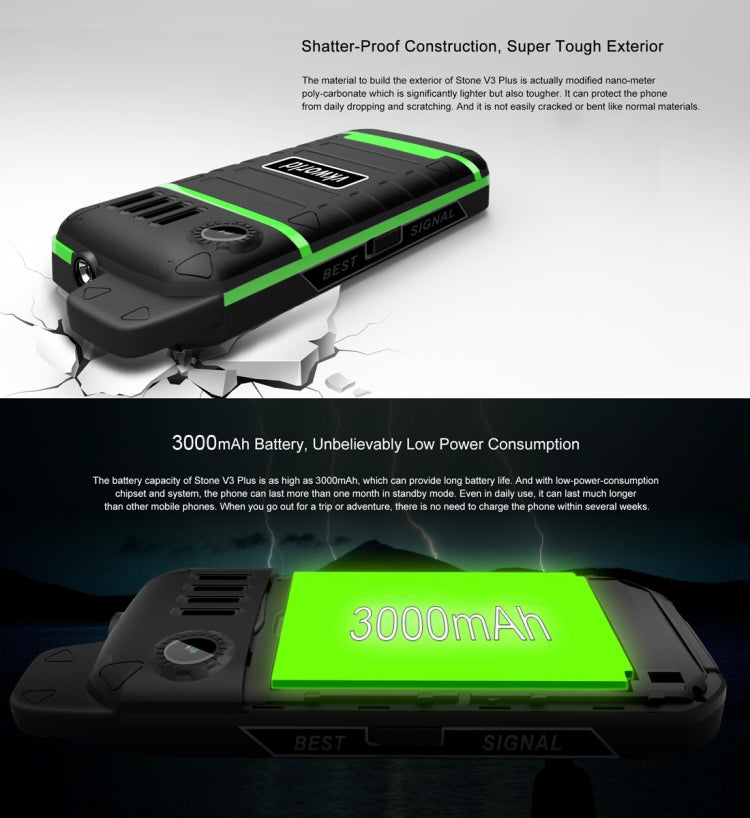 VKworld Stone V3 Plus Quadruple Phone, Anti-Low Temperature IP54 Waterproof Shockproof Dustproof, 3000mAh Battery, 2.4 inch, 21 Keys, LED Flashlight, FM, BT, TF, Dual SIM, Russian Keyboard(Green)