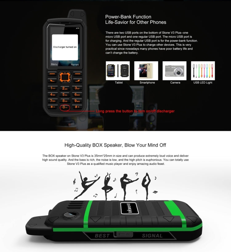 VKworld Stone V3 Plus Quadruple Phone, Anti-Low Temperature IP54 Waterproof Shockproof Dustproof, 3000mAh Battery, 2.4 inch, 21 Keys, LED Flashlight, FM, BT, TF, Dual SIM, Russian Keyboard(Green)