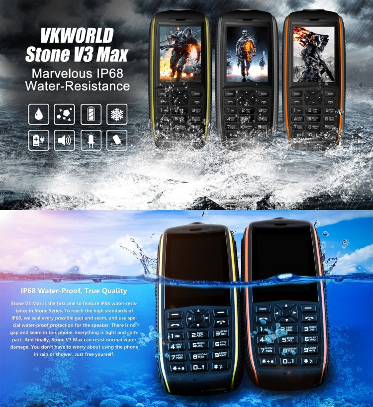 VKworld Stone V3 Max Quadruple Phone, Anti-Low Temperature IP68 Waterproof Shockproof Dustproof, 5300mAh Battery, 2.4 inch, 21 Keys, LED Flashlight, FM, BT, TF, OTG, Dual SIM, Russian Keyboard(Black)